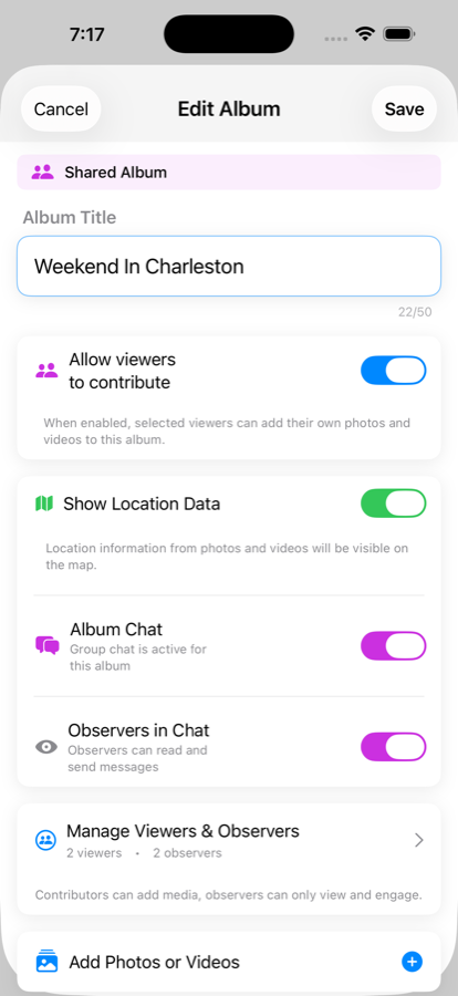 Shared album settings